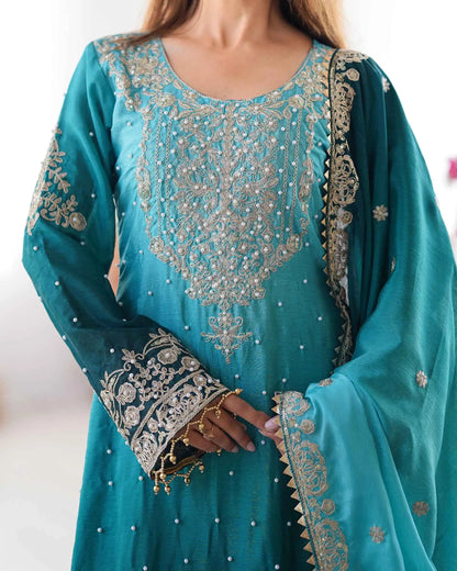 Teal Blue Cording Sequins Work With Rivet Moti Sharara Set With Dupatta