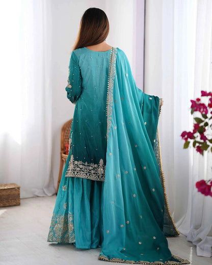 Teal Blue Cording Sequins Work With Rivet Moti Sharara Set With Dupatta