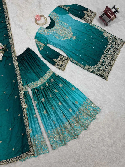 Teal Blue Cording Sequins Work With Rivet Moti Sharara Set With Dupatta