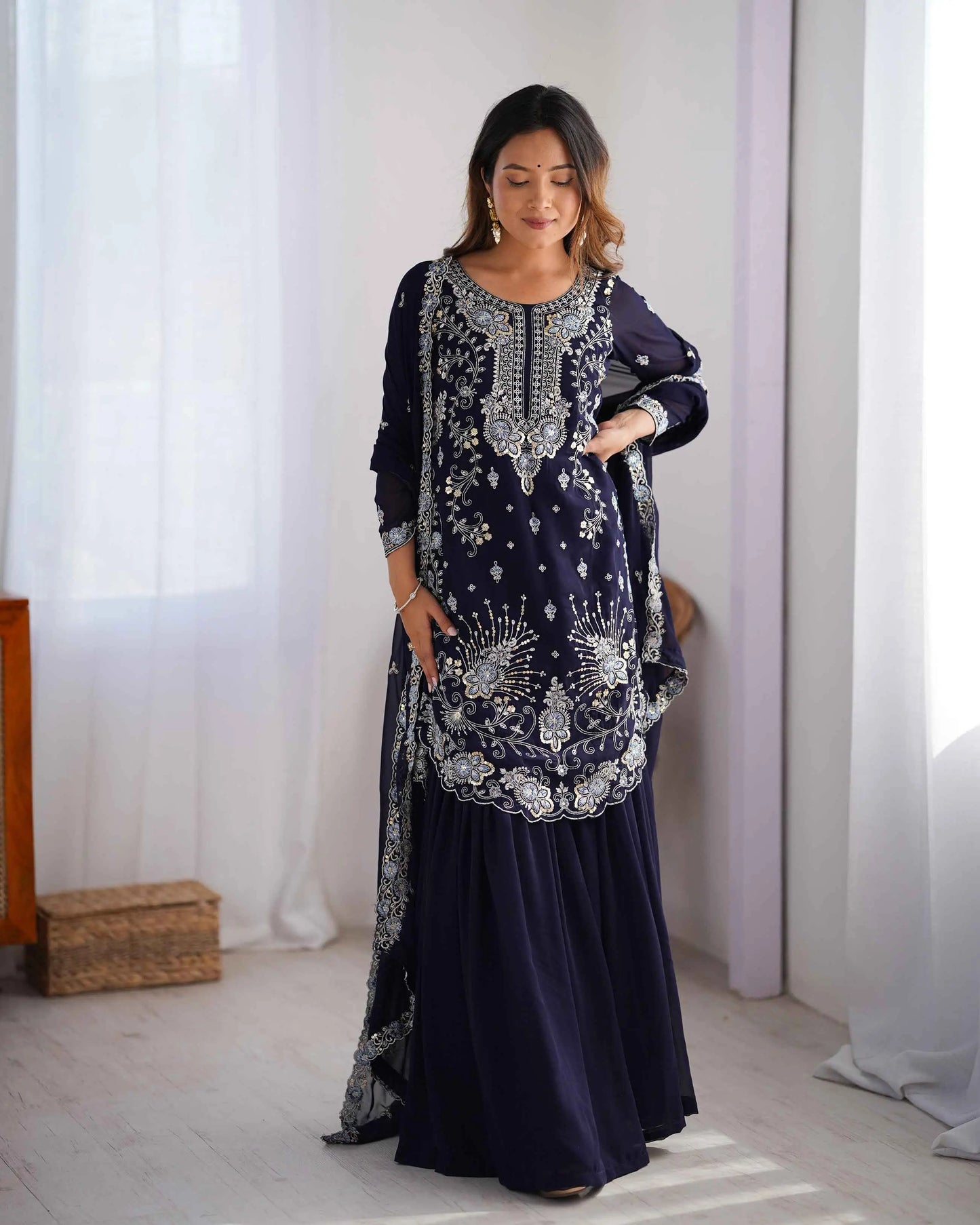 Navy Blue Sequins Embroidery Work Sharara Set With Dupatta