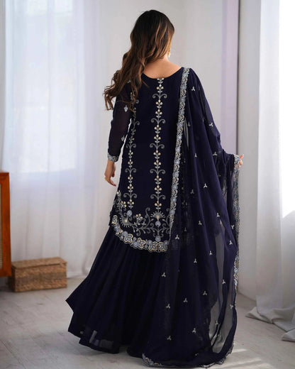 Navy Blue Sequins Embroidery Work Sharara Set With Dupatta