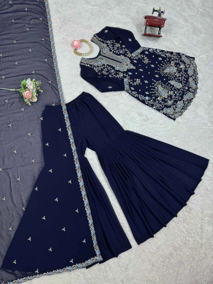 Navy Blue Sequins Embroidery Work Sharara Set With Dupatta