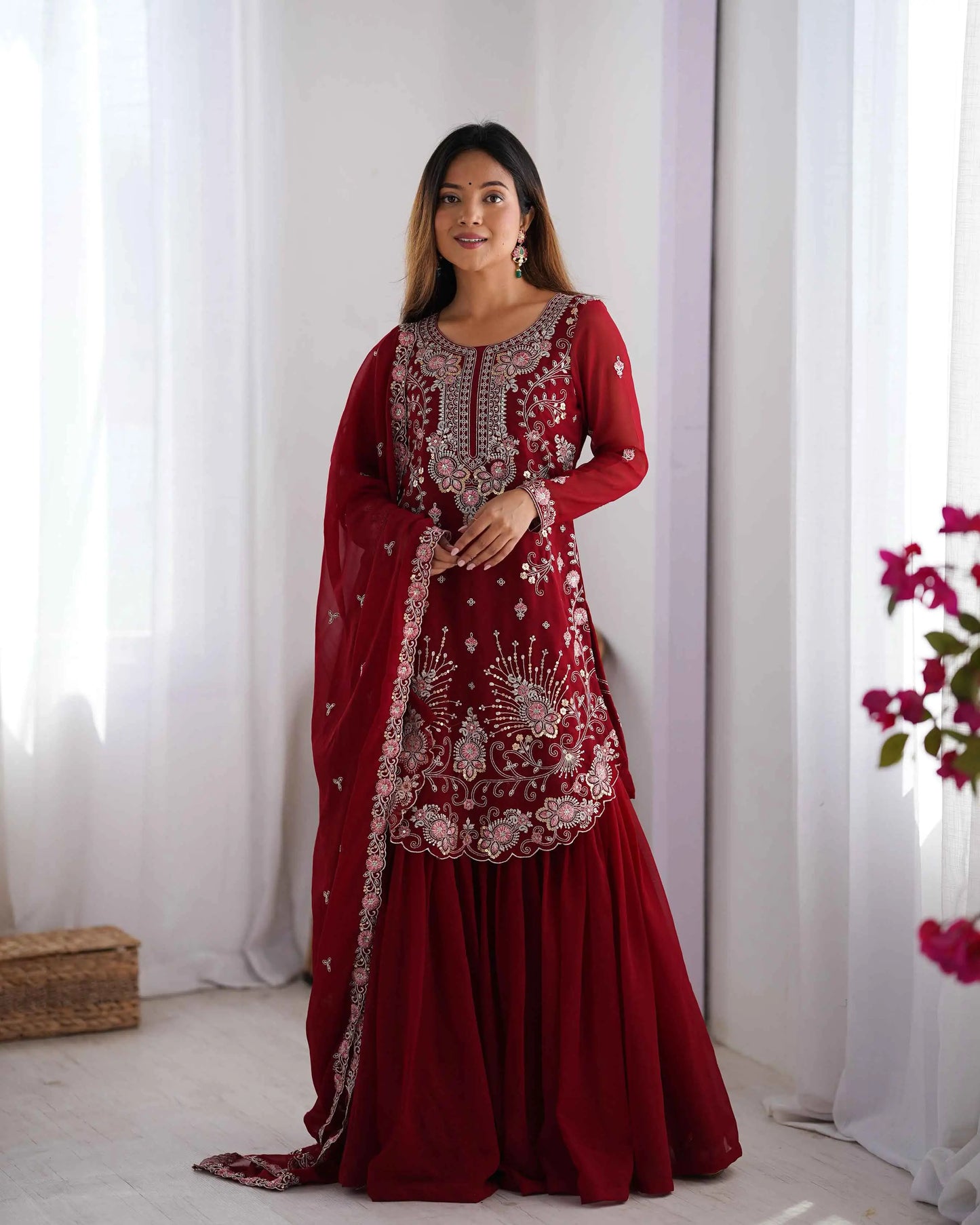 Merlot Red Sequins Embroidery Work Sharara Set With Dupatta