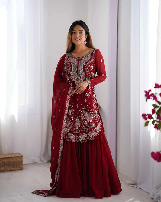 Merlot Red Sequins Embroidery Work Sharara Set With Dupatta