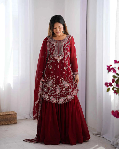 Merlot Red Sequins Embroidery Work Sharara Set With Dupatta