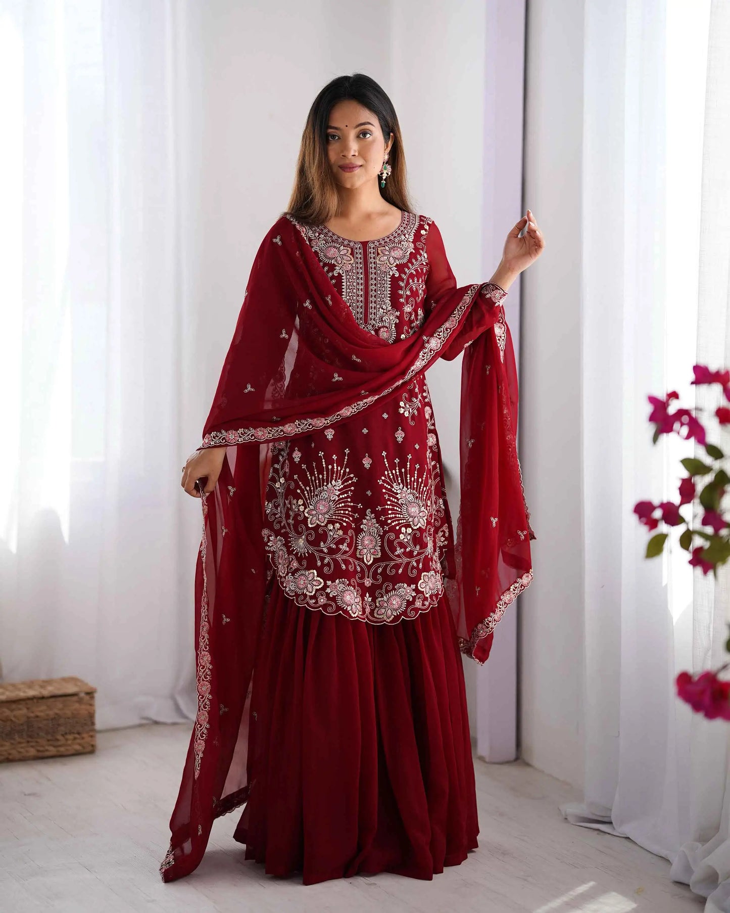 Merlot Red Sequins Embroidery Work Sharara Set With Dupatta