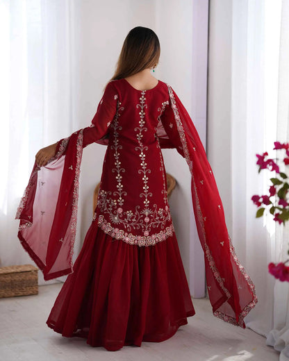 Merlot Red Sequins Embroidery Work Sharara Set With Dupatta