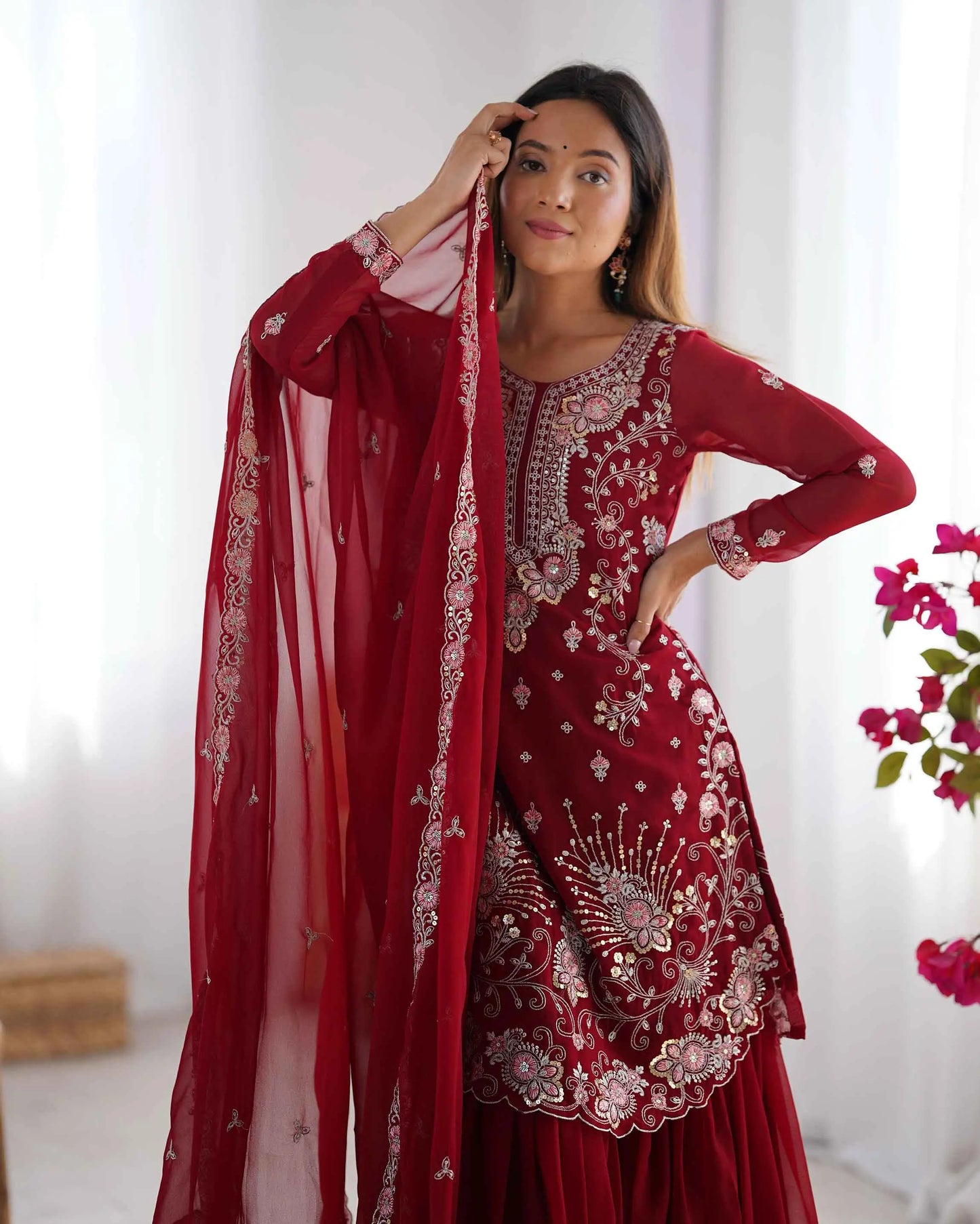 Merlot Red Sequins Embroidery Work Sharara Set With Dupatta