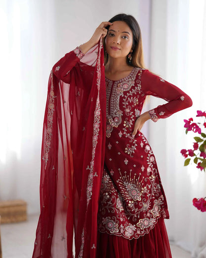Merlot Red Sequins Embroidery Work Sharara Set With Dupatta