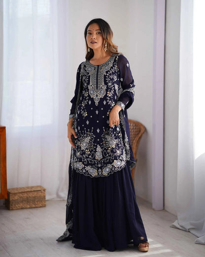 Navy Blue Sequins Embroidery Work Sharara Set With Dupatta