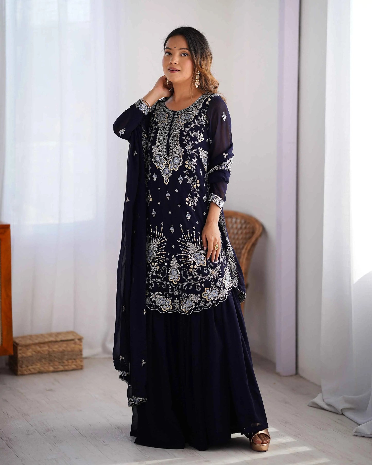 Navy Blue Sequins Embroidery Work Sharara Set With Dupatta