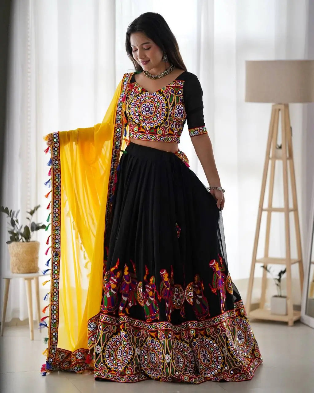 Black Georgette Chain Stitch Work With Real Mirror Work Navratri Lehenga