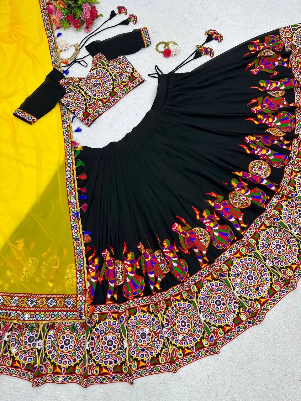 Black Georgette Chain Stitch Work With Real Mirror Work Navratri Lehenga