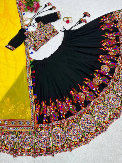 Black Georgette Chain Stitch Work With Real Mirror Work Navratri Lehenga