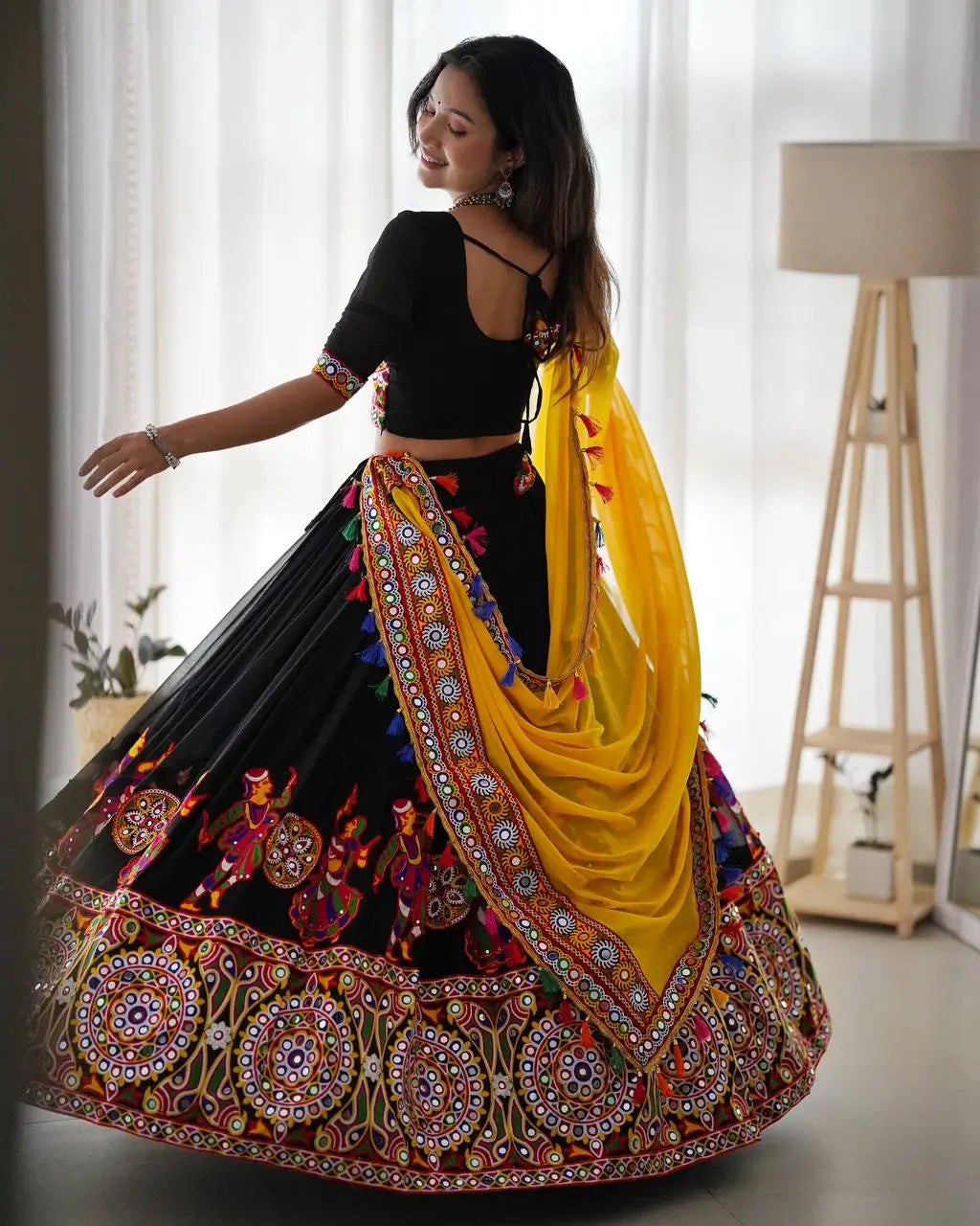 Black Georgette Chain Stitch Work With Real Mirror Work Navratri Lehenga