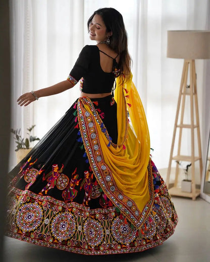 Black Georgette Chain Stitch Work With Real Mirror Work Navratri Lehenga