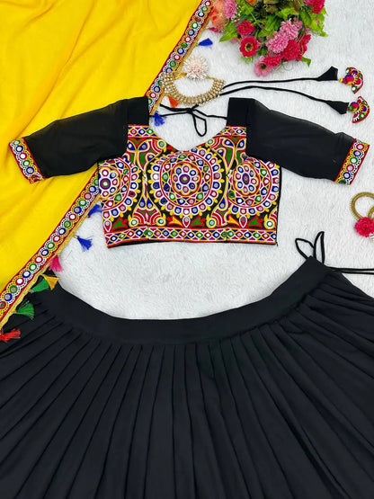Black Georgette Chain Stitch Work With Real Mirror Work Navratri Lehenga