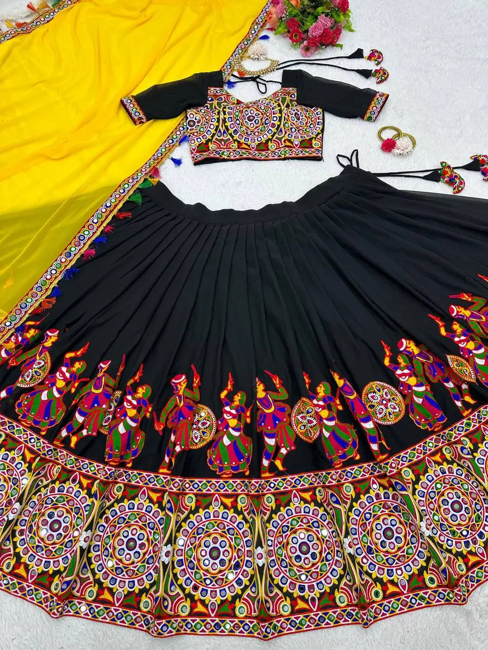 Black Georgette Chain Stitch Work With Real Mirror Work Navratri Lehenga