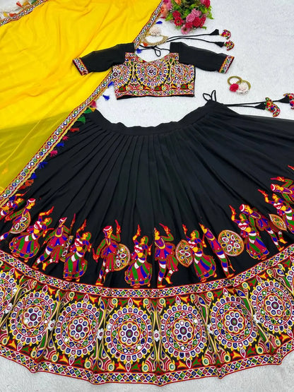 Black Georgette Chain Stitch Work With Real Mirror Work Navratri Lehenga