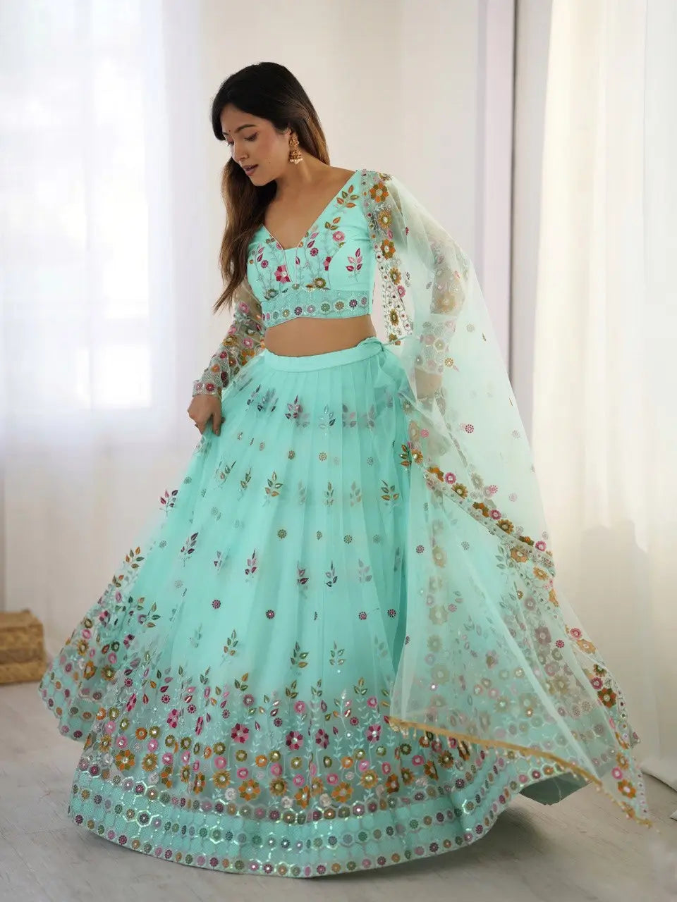 Light Cyan Soft Net Lehenga With Thread & Sequins Embroidery Work