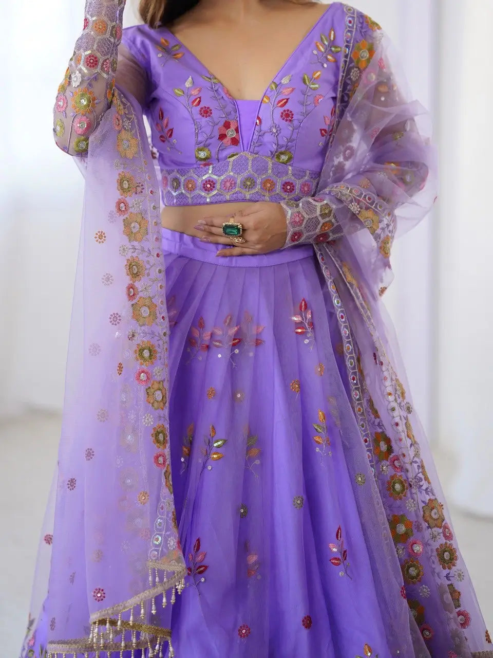 Lavender Soft Net Lehenga With Thread & Sequins Embroidery Work