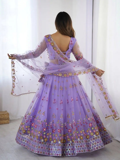 Lavender Soft Net Lehenga With Thread & Sequins Embroidery Work