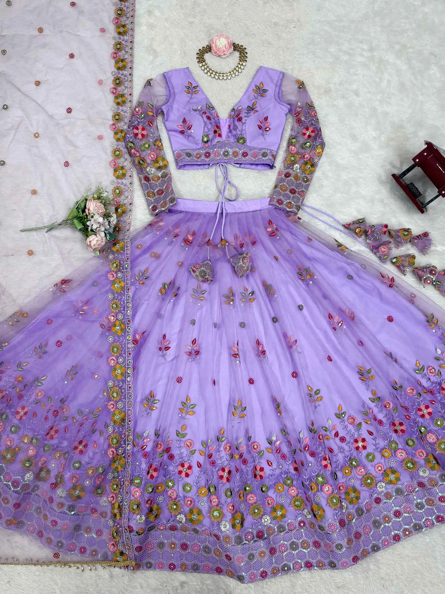 Lavender Soft Net Lehenga With Thread & Sequins Embroidery Work
