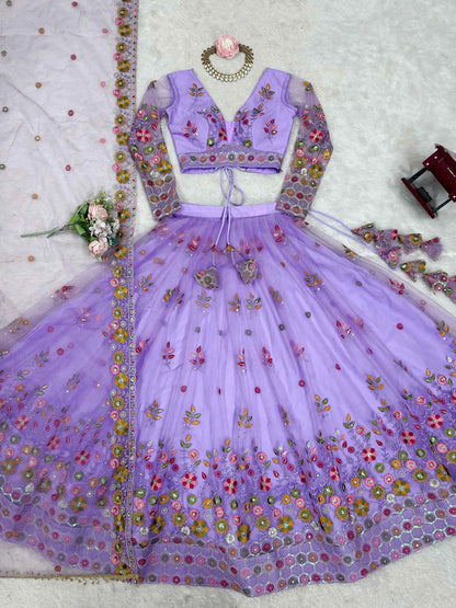 Lavender Soft Net Lehenga With Thread & Sequins Embroidery Work