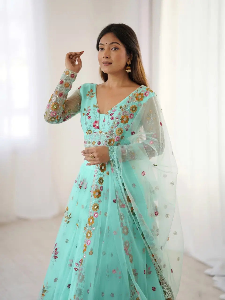 Light Cyan Soft Net Lehenga With Thread & Sequins Embroidery Work