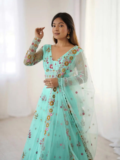 Light Cyan Soft Net Lehenga With Thread & Sequins Embroidery Work