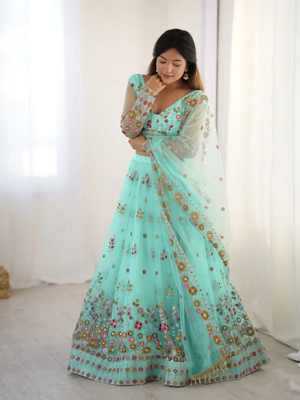 Light Cyan Soft Net Lehenga With Thread & Sequins Embroidery Work