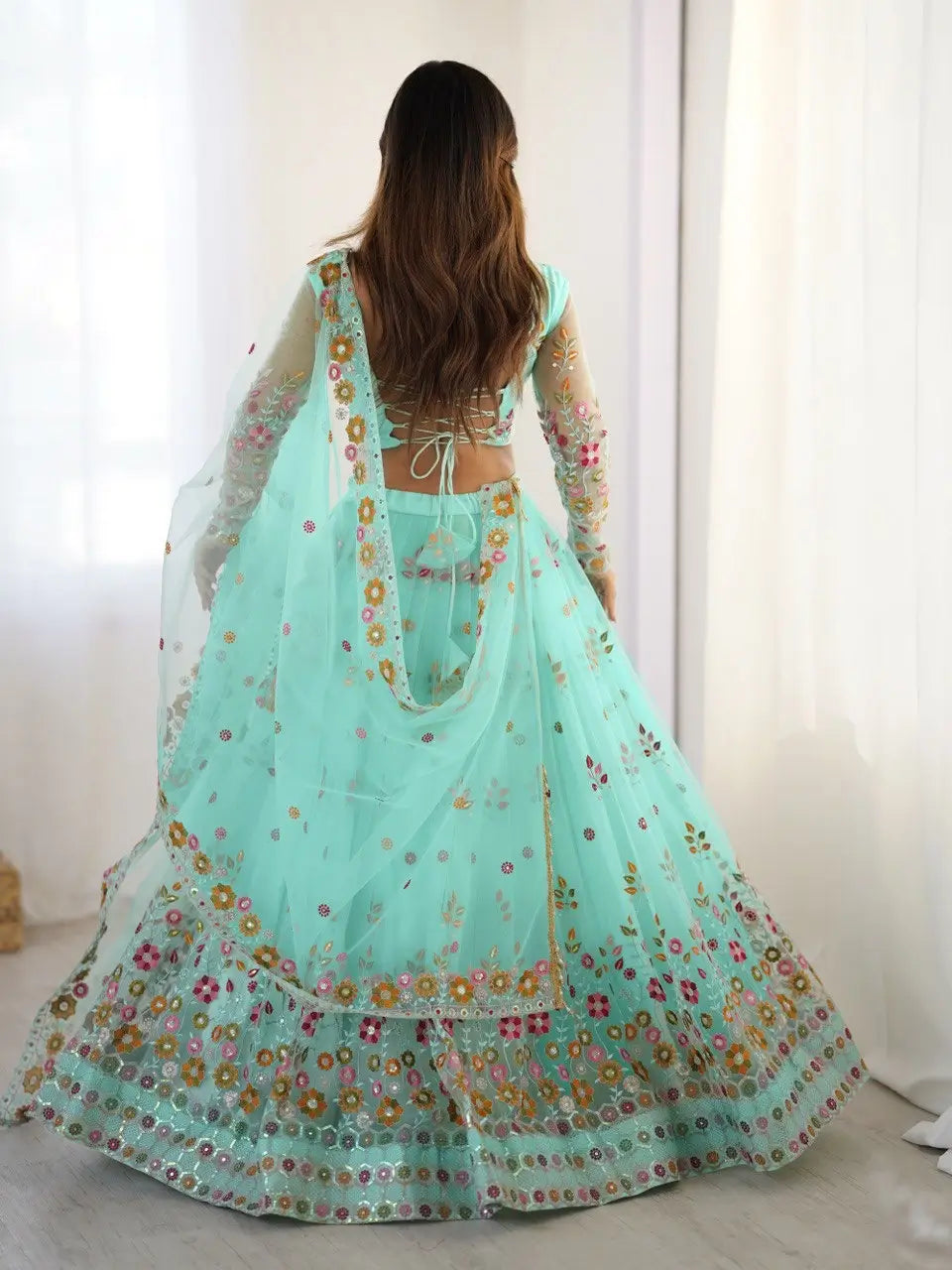 Light Cyan Soft Net Lehenga With Thread & Sequins Embroidery Work
