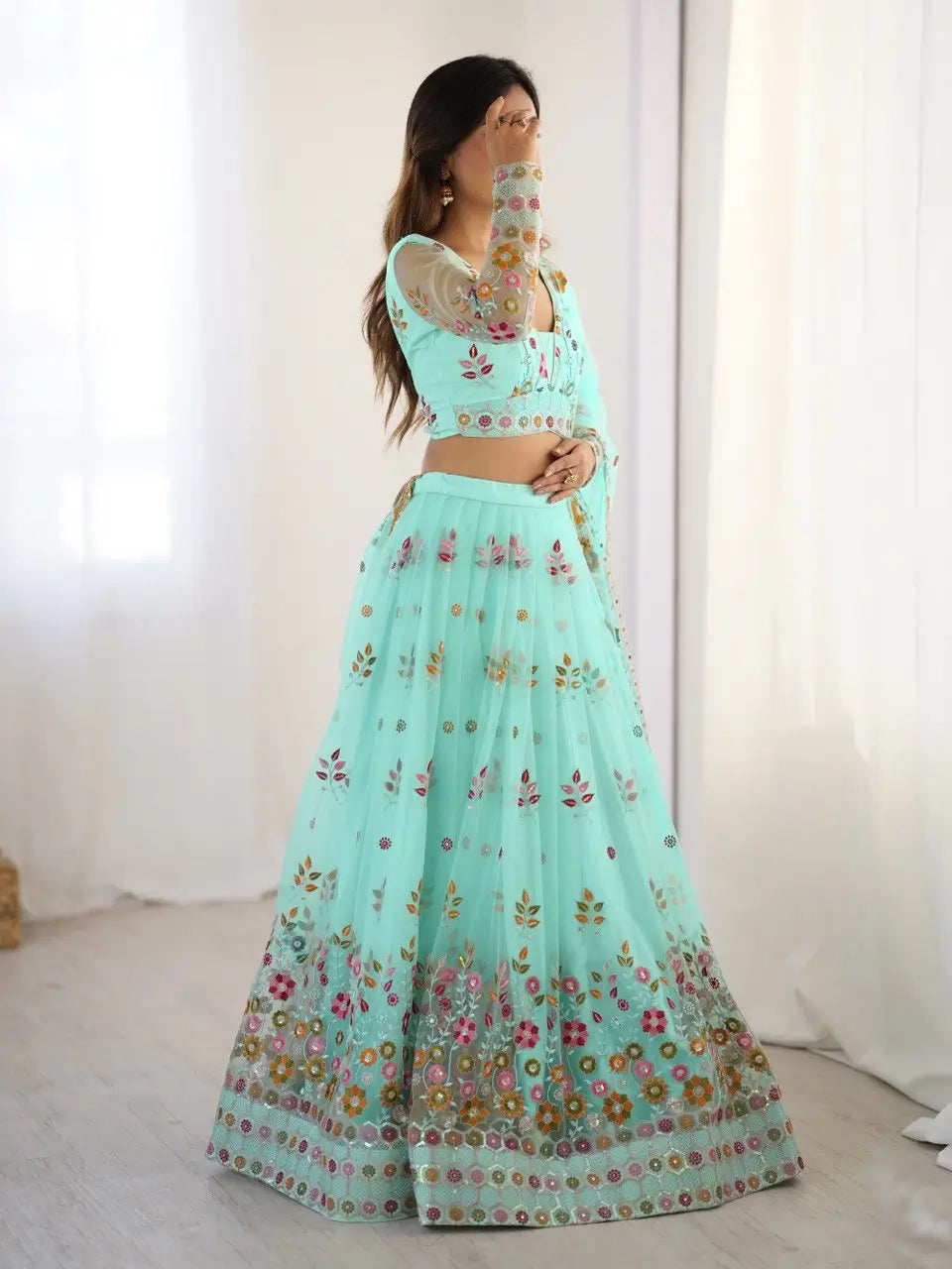 Light Cyan Soft Net Lehenga With Thread & Sequins Embroidery Work