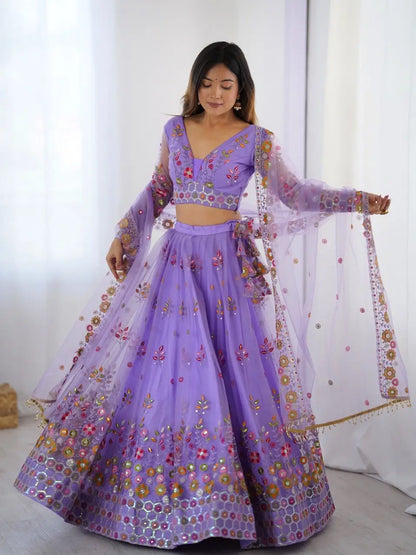 Lavender Soft Net Lehenga With Thread & Sequins Embroidery Work