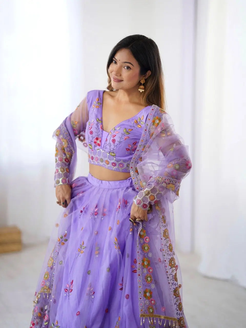 Lavender Soft Net Lehenga With Thread & Sequins Embroidery Work