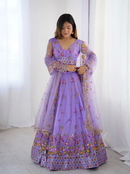 Lavender Soft Net Lehenga With Thread & Sequins Embroidery Work