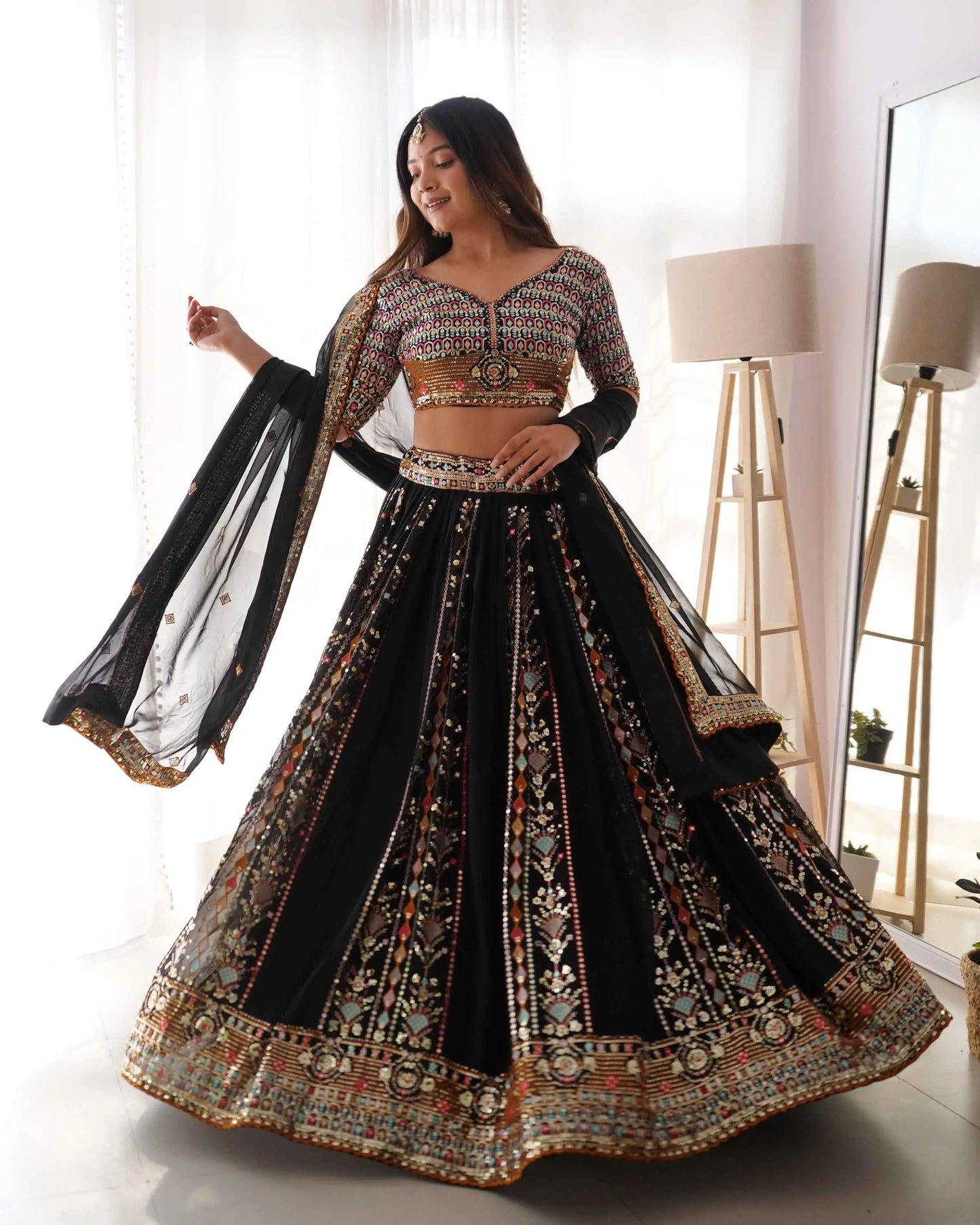 Bold in Black Heavy Sequins & Thread Embroidery Work Lehenga And Dupatta