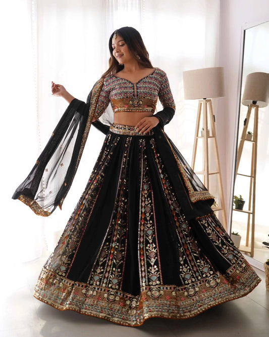 Bold in Black Heavy Sequins & Thread Embroidery Work Lehenga And Dupatta