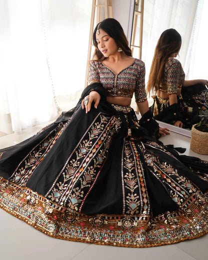 Bold in Black Heavy Sequins & Thread Embroidery Work Lehenga And Dupatta