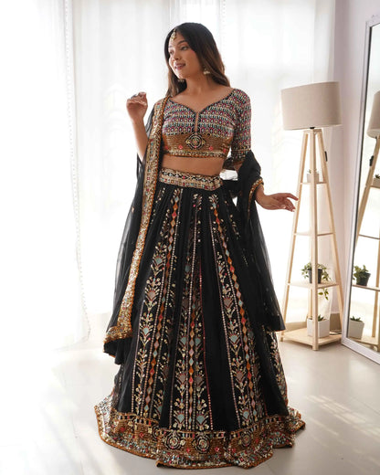 Bold in Black Heavy Sequins & Thread Embroidery Work Lehenga And Dupatta
