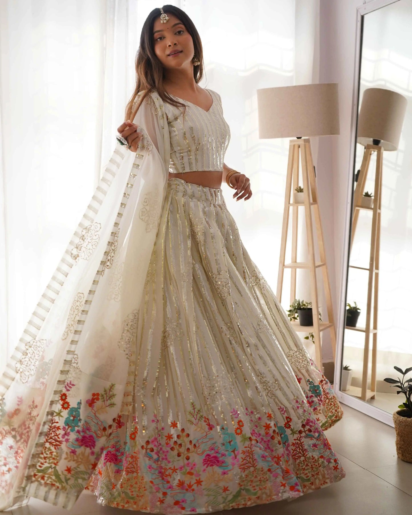 White Heavy Sequins & Multi Thread Embroidery Work Lehenga And Dupatta