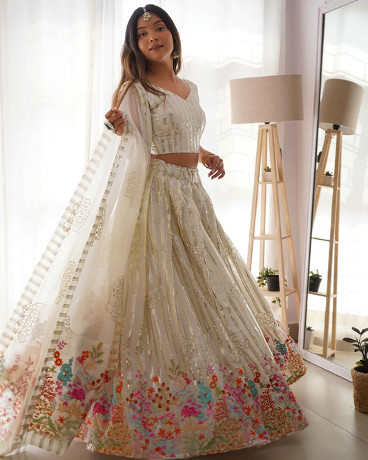 White Heavy Sequins & Multi Thread Embroidery Work Lehenga And Dupatta