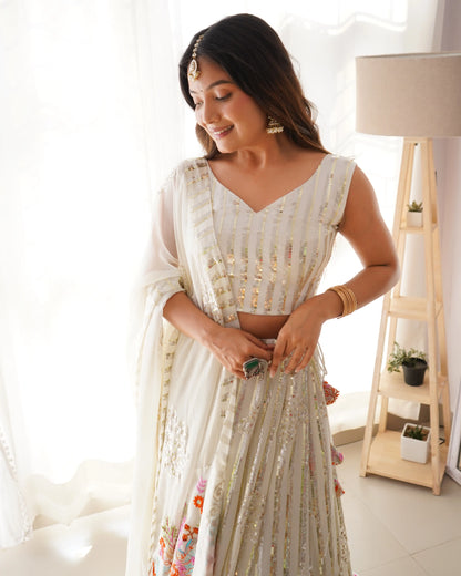 White Heavy Sequins & Multi Thread Embroidery Work Lehenga And Dupatta
