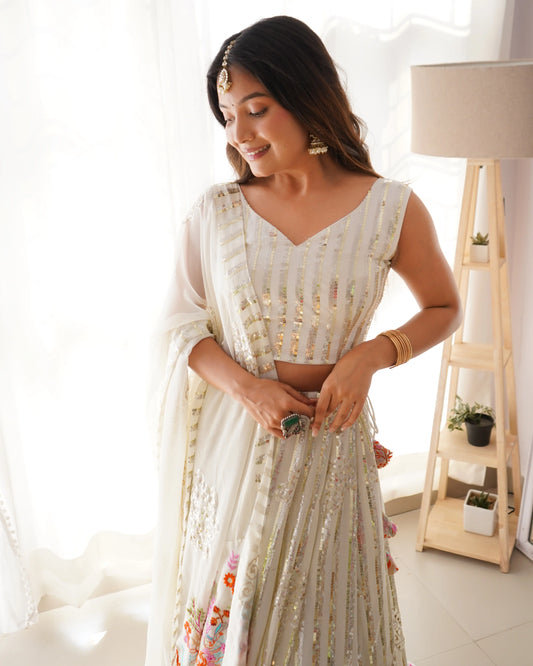 White Heavy Sequins & Multi Thread Embroidery Work Lehenga And Dupatta
