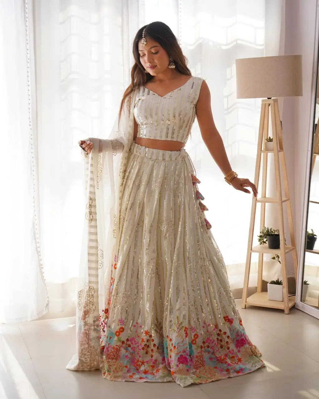 White Heavy Sequins & Multi Thread Embroidery Work Lehenga And Dupatta