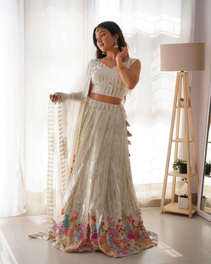 White Heavy Sequins & Multi Thread Embroidery Work Lehenga And Dupatta