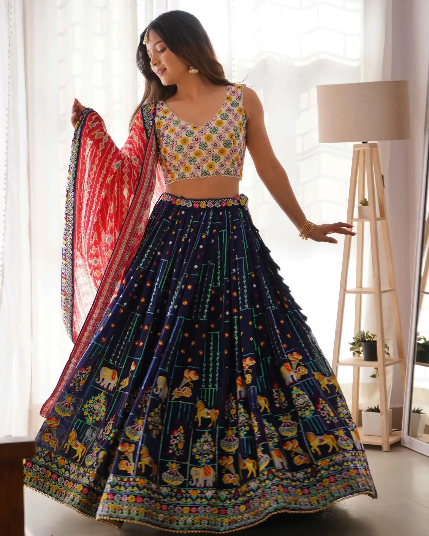 Navy Blue Georgette Thread Embroidery & Sequins Work Lehenga