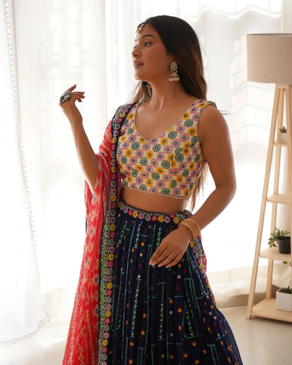 Navy Blue Georgette Thread Embroidery & Sequins Work Lehenga