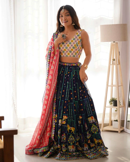 Navy Blue Georgette Thread Embroidery & Sequins Work Lehenga