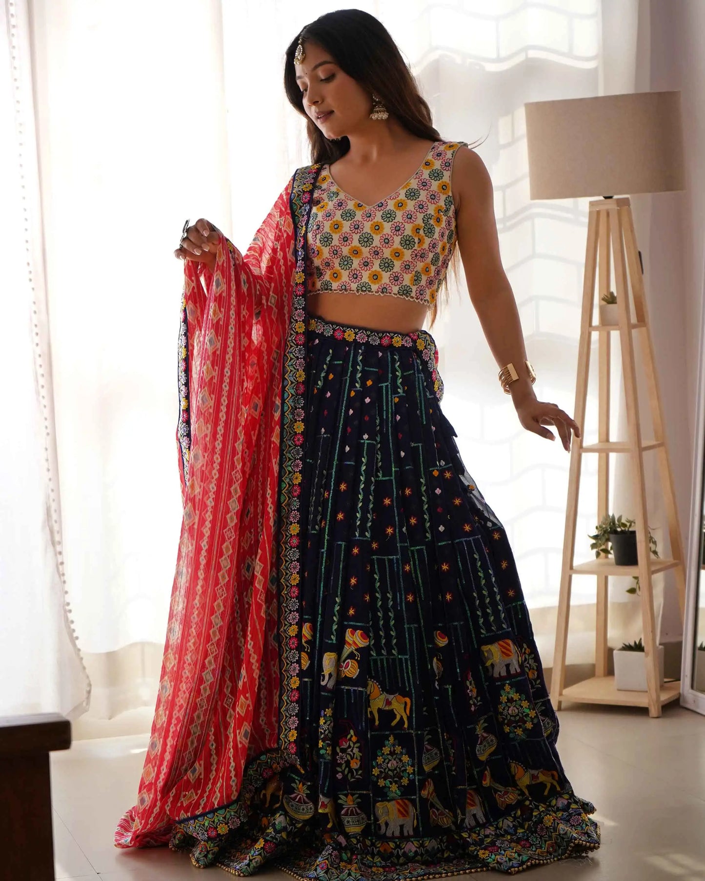 Navy Blue Georgette Thread Embroidery & Sequins Work Lehenga